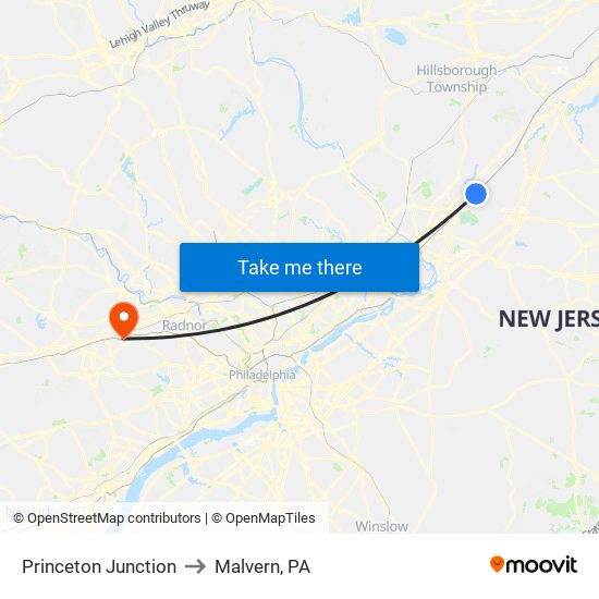 Princeton Junction to Malvern, PA map