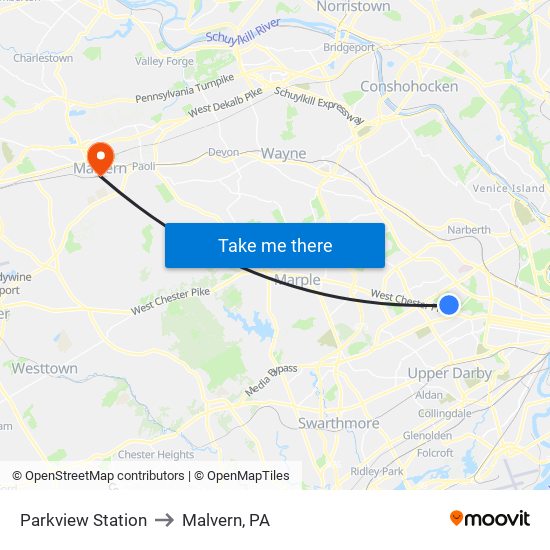 Parkview Station to Malvern, PA map