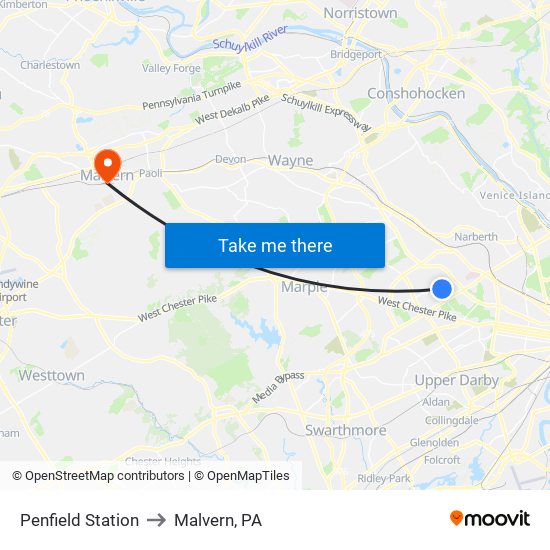 Penfield Station to Malvern, PA map