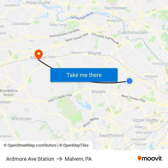 Ardmore Ave Station to Malvern, PA map