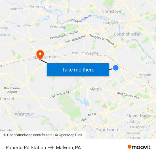 Roberts Rd Station to Malvern, PA map