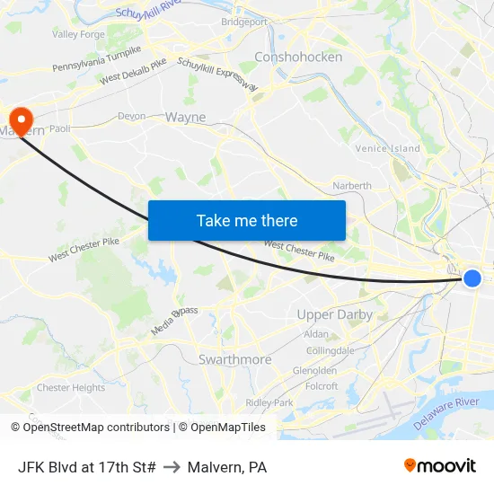 JFK Blvd at 17th St# to Malvern, PA map