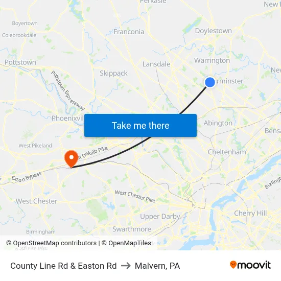 County Line Rd & Easton Rd to Malvern, PA map