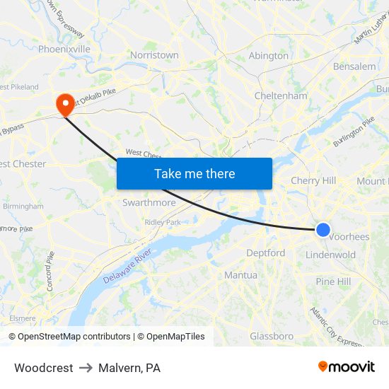 Woodcrest to Malvern, PA map