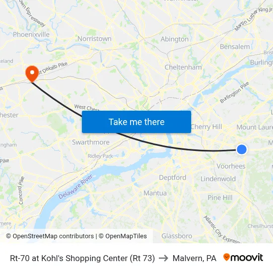 Rt-70 at Kohl's Shopping Center (Rt 73) to Malvern, PA map