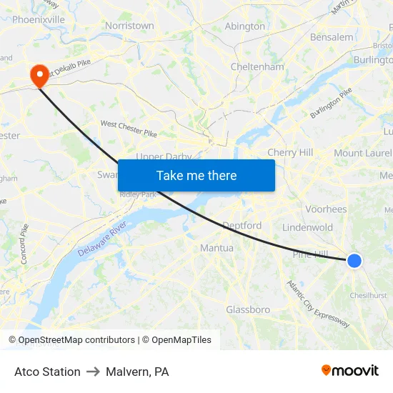 Atco Station to Malvern, PA map