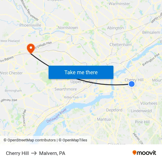 Cherry Hill to Malvern, PA map