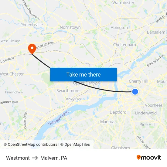 Westmont to Malvern, PA map