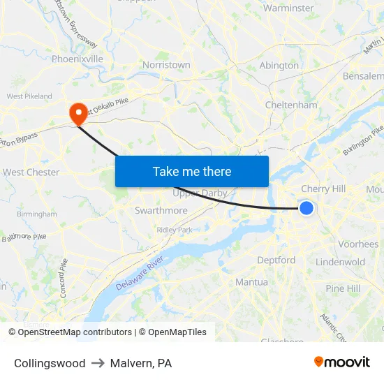 Collingswood to Malvern, PA map