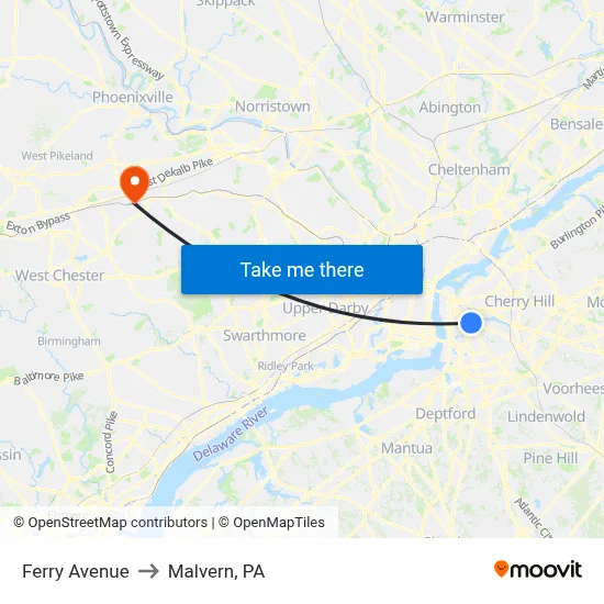 Ferry Avenue to Malvern, PA map