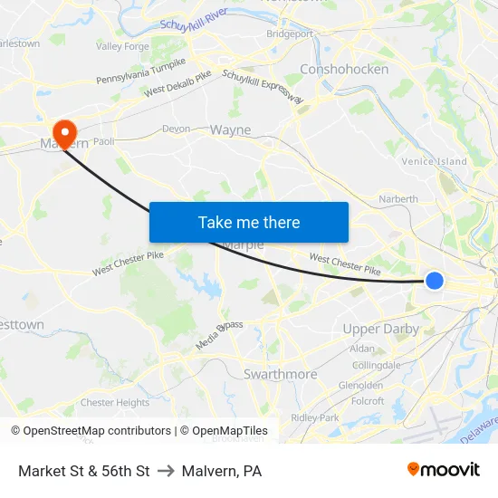 Market St & 56th St to Malvern, PA map