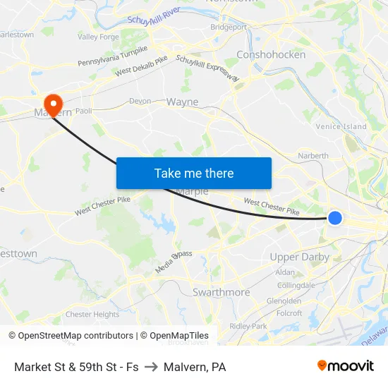 Market St & 59th St - Fs to Malvern, PA map