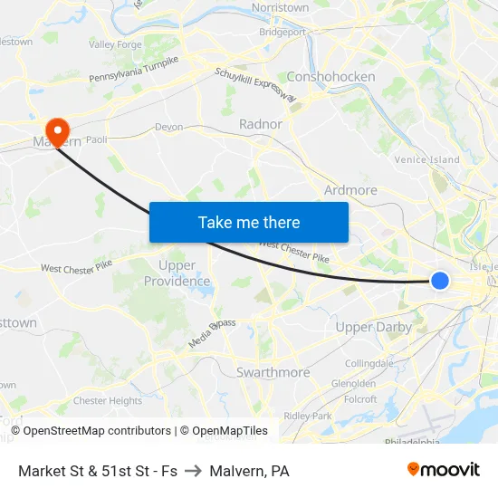 Market St & 51st St - Fs to Malvern, PA map