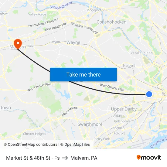 Market St & 48th St - Fs to Malvern, PA map