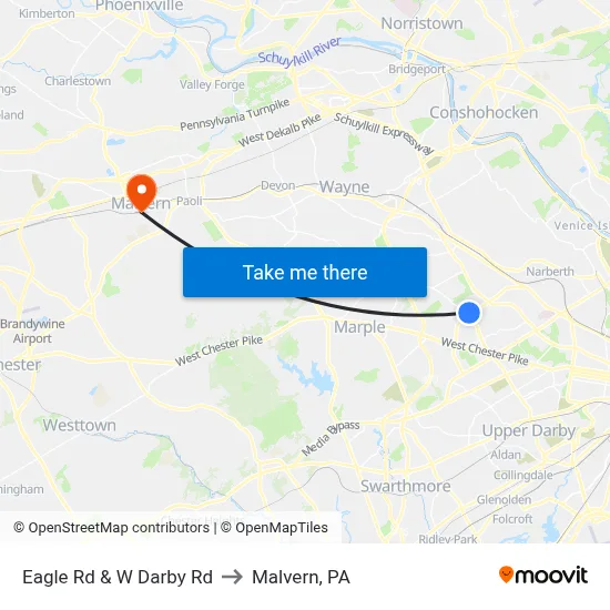 Eagle Rd & W Darby Rd to Malvern, PA map