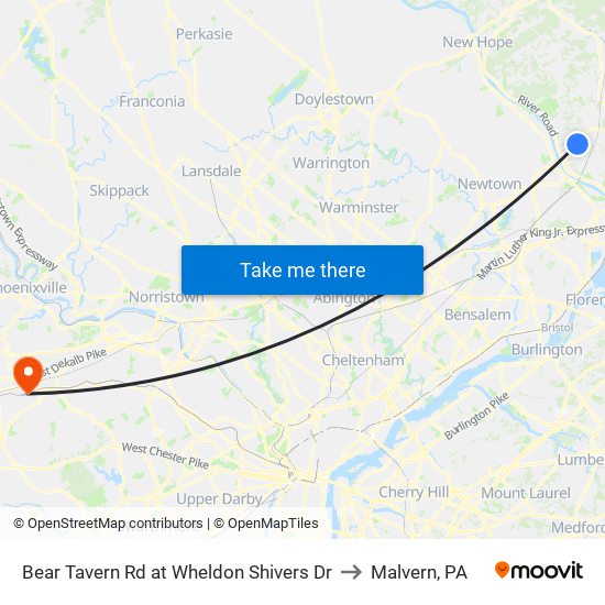 Bear Tavern Rd at Wheldon Shivers Dr to Malvern, PA map