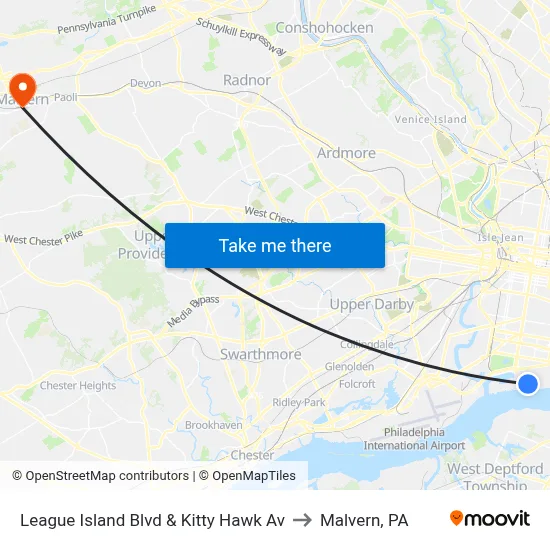 League Island Blvd & Kitty Hawk Av to Malvern, PA map