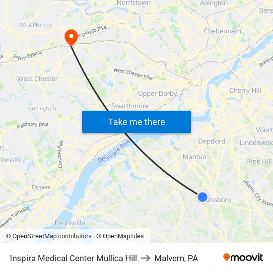 Inspira Medical Center Mullica Hill to Malvern, PA map