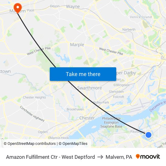 Amazon Fulfillment Ctr - West Deptford to Malvern, PA map