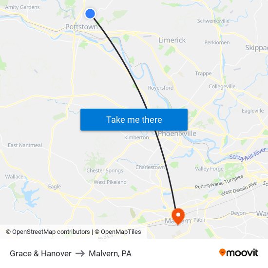 Grace & Hanover to Malvern, PA map