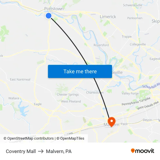 Coventry Mall to Malvern, PA map