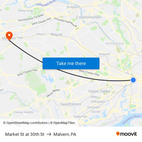 Market St at 30th St to Malvern, PA map