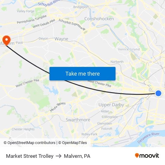 Market Street Trolley to Malvern, PA map