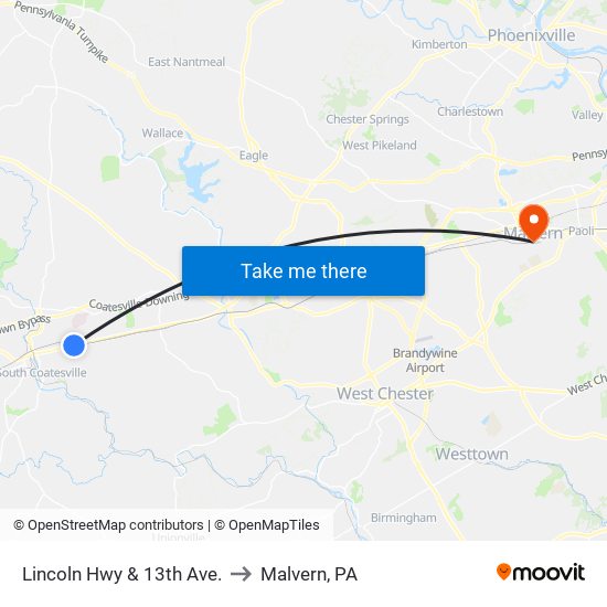 Lincoln Hwy & 13th Ave. to Malvern, PA map