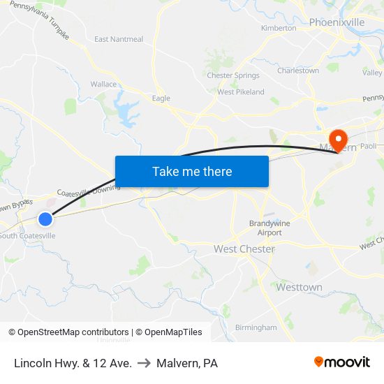 Lincoln Hwy. & 12 Ave. to Malvern, PA map