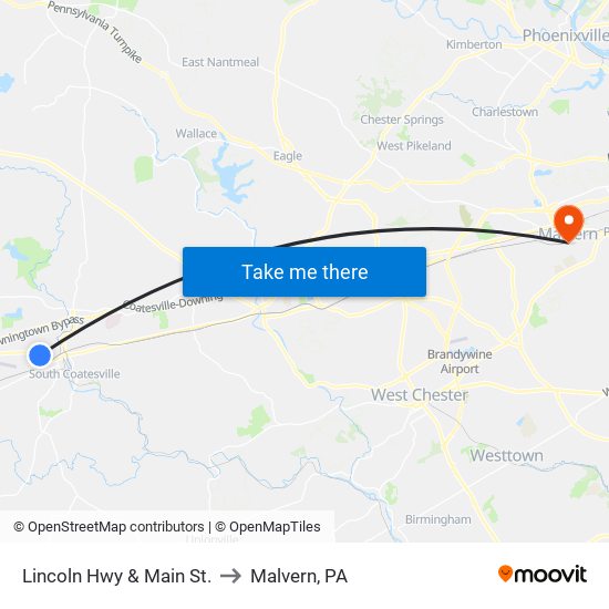 Lincoln Hwy & Main St. to Malvern, PA map