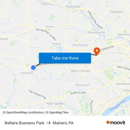 Bellaire Business Park to Malvern, PA map