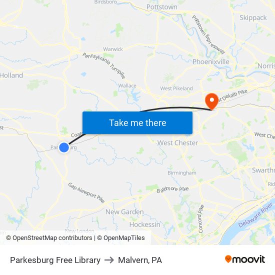 Parkesburg Free Library to Malvern, PA map
