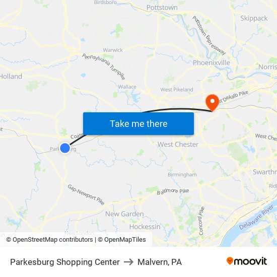 Parkesburg Shopping Center to Malvern, PA map