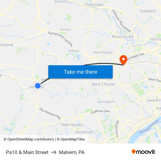 Pa10 & Main Street to Malvern, PA map
