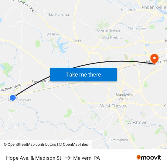 Hope Ave. & Madison St. to Malvern, PA map