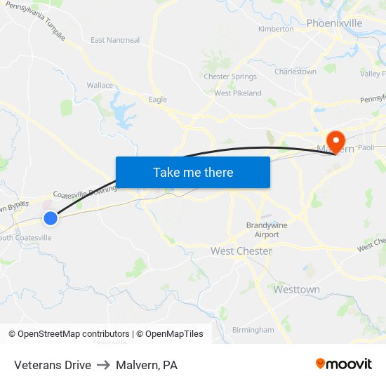 Veterans Drive to Malvern, PA map
