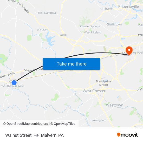 Walnut Street to Malvern, PA map