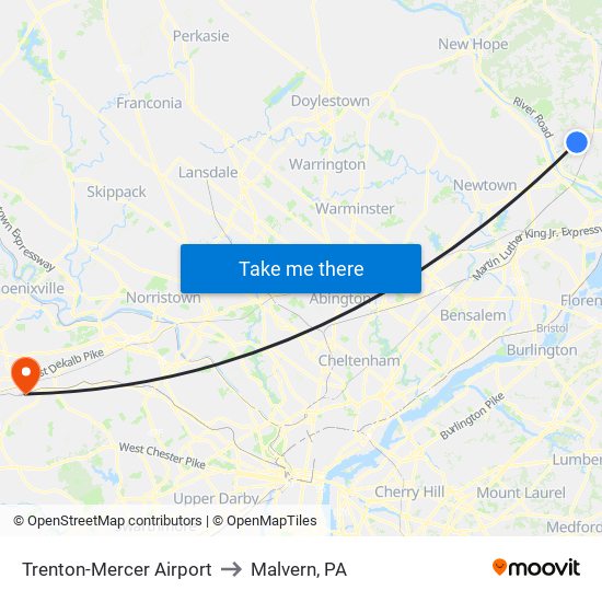 Trenton-Mercer Airport to Malvern, PA map
