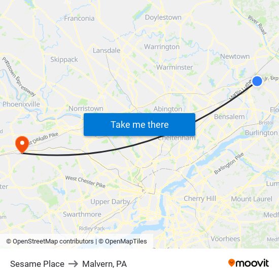 Sesame Place to Malvern, PA map