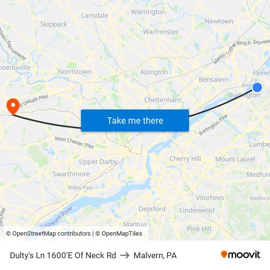 Dulty's Ln 1600'E Of Neck Rd to Malvern, PA map