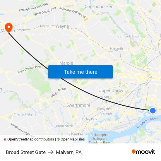 Broad Street Gate to Malvern, PA map