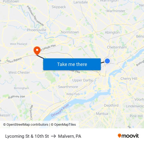 Lycoming St & 10th St to Malvern, PA map