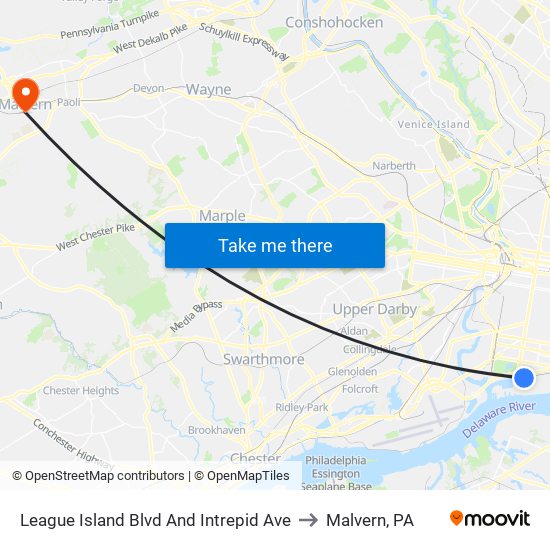 League Island Blvd And Intrepid Ave to Malvern, PA map