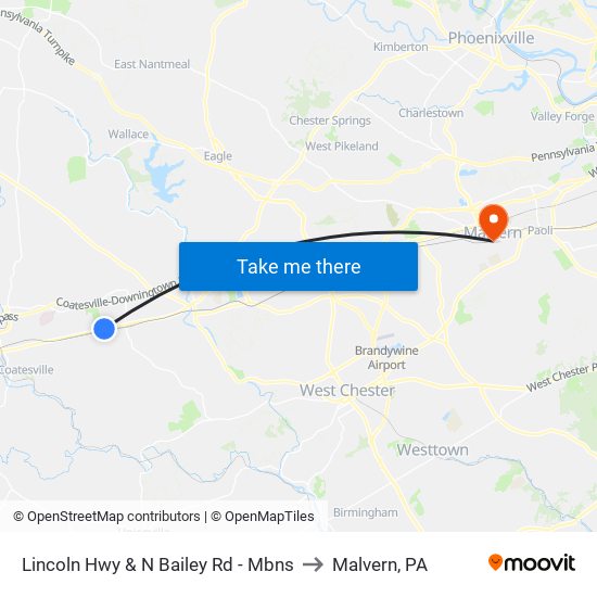 Lincoln Hwy & N Bailey Rd - Mbns to Malvern, PA map