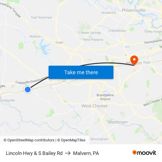 Lincoln Hwy & S Bailey Rd to Malvern, PA map