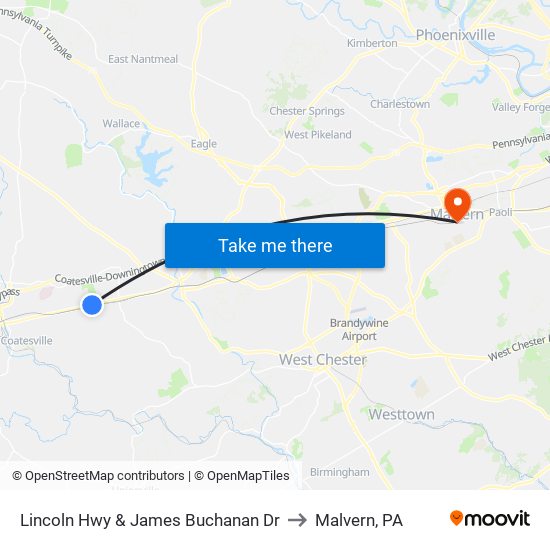 Lincoln Hwy & James Buchanan Dr to Malvern, PA map