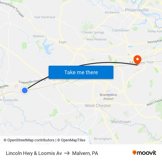 Lincoln Hwy & Loomis Av to Malvern, PA map