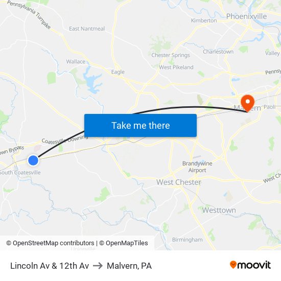 Lincoln Av & 12th Av to Malvern, PA map