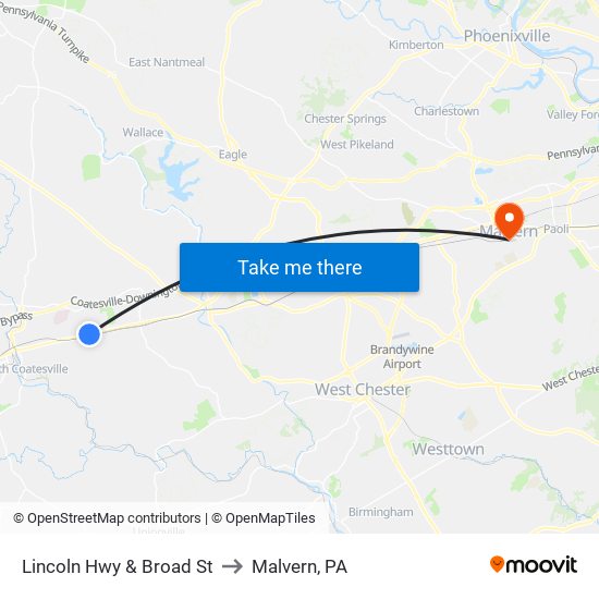 Lincoln Hwy & Broad St to Malvern, PA map