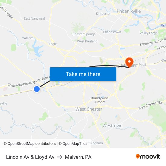 Lincoln Av & Lloyd Av to Malvern, PA map